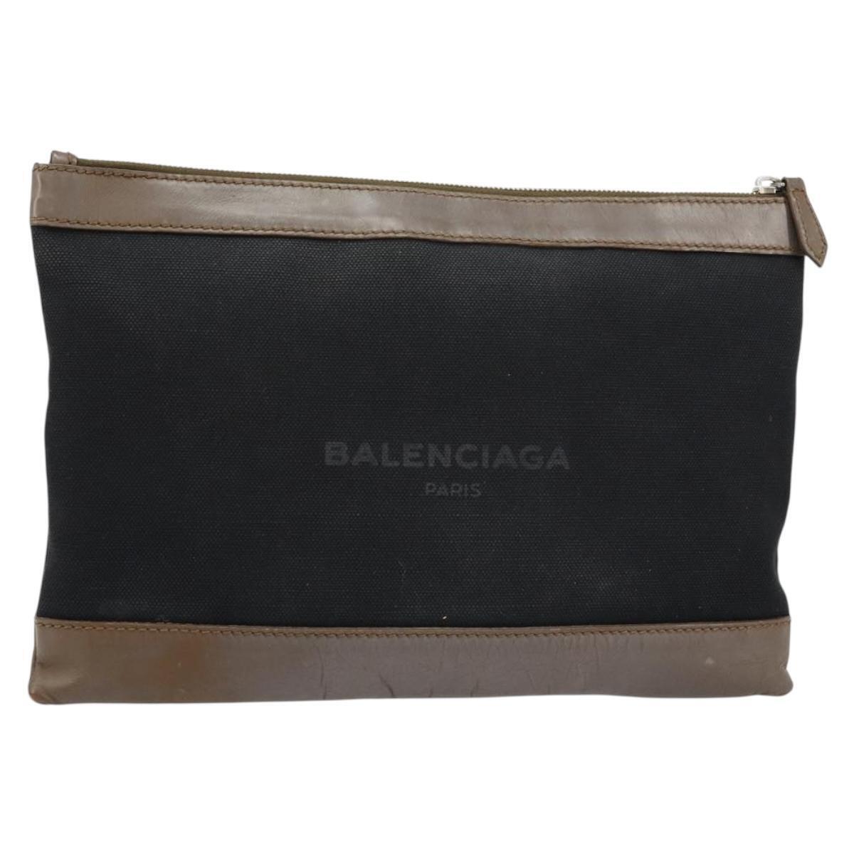 Balenciaga Navy Clip M Pouch Canvas Leather Black Silver Auth Ba6615